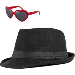 للجنسين الكلاسيكية 20S قبعة Trilby Fedora مع نظارة شمسية Red Heart Sunglses القصيرة التي شعرت بمنظمة لموسيقى الجاز Cap Manhattan لمهرجان موسيقى الأزياء الأسود