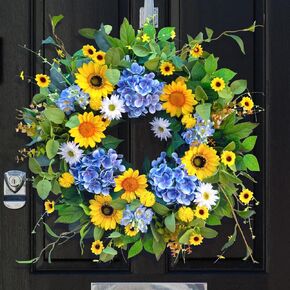 Spring Summer Wreaths for Front Door 24 Inch Artificial Eucalyptus Sunflower Daisy Flower Wreath,Lifelike Blue Hydrangea Floral Door Wreath for Mantel,Wedding Indoor Outdoor Home Wall Decor