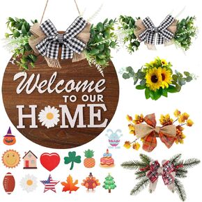 Interchangeable Welcome Sign for Front Door with 4 Seasonal Wreaths and 14 Changeable Icons, Farmhouse Front Door Signs, Door Decoration Porch Decor, Seasonal Wooden Home Sign Home décor (6wood)