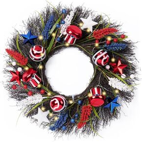 Valery Madelyn Memorial Day Wreath for Front Door, Pre-Lit Red White Blue Patriotic Wreaths Decoration with Ornaments for 4th of July,18inch