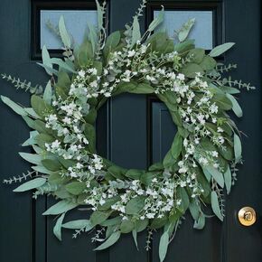 26 '' Eucalyptus و babys تنفس الزهور الزهور للباب الأمامي- الزهور الخضراء الاصطناعية الكبيرة للشرفة ، النافذة ، المزرعة ، المنزل ، ديكور معلق ، صيف ، جميع الفصول (أبيض أخضر)