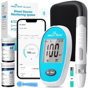 طقم مراقبة الجلوكوز اللاسلكي السهل@Home - طقم اختبار السكر في الدم مع تطبيق الجلوكوز المجاني يتضمن 100 شريط من الجلوكوم و 100 لانسيتات دم ، مجموعة كبيرة من اختبار مرض السكري