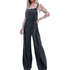 CHARTOU Women Loose Fit Denim Jumpsuit Adjustable Straps Wide Leg Long Pants Frayed Jean Overalls