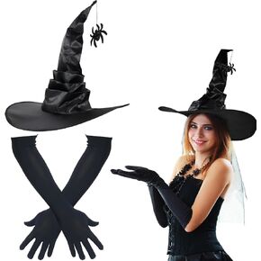 Halloween Witch Hat & Gloves Set for Women – Foldable Satin Hat with Glitter Spider & 18" Long Stretch Gloves – Fancy Dress Costume Accessories for Party & Cosplay