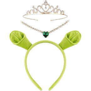 3Pcs Green Ogre Ears Headband Crown Heart Necklace Costume Party Accessories Halloween Cosplay Set