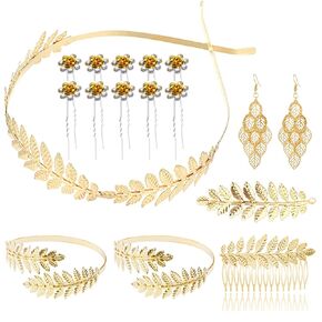 17 Pieces Greek Goddess Costume Accessories Goddess Headpiece, Goddess Leaf Headband, Hair Crown, Armband and Earrings for Women and Bridal at the Wedding