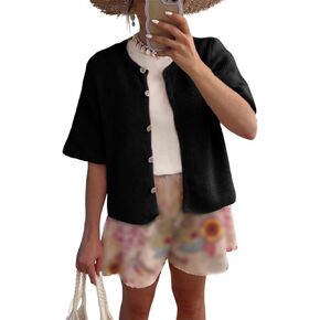 Women Knitted Crop Cardigan Shirt Short Sleeve Button Down Ribbed Knit Crop Top Y2k Girls Outwear Top Tee Shirt in Saudi Arabia