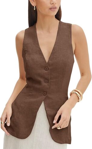 Women's Summer Linen Vest Sleeveless 3 Button V Neck Casual Beach Waistcoat in Saudi Arabia