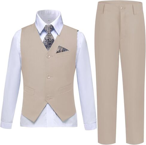 Boys Suit Formal Dress Pants Vest Suit Set for Boys Wedding Outfits with Dress Shirt Tie and Pocket Square in Saudi Arabia