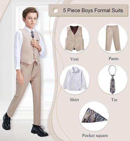 Boys Suit Formal Dress Pants Vest Suit Set for Boys Wedding Outfits with Dress Shirt Tie and Pocket Square in Saudi Arabia