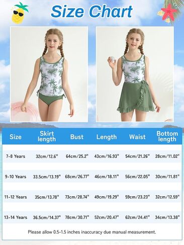 ESHOO Girls Bikini Swimsuit 3 Piece Tankini Suit Kids Cute Bathing Set with Cover Up Beach Skirt Swimear for 7-14 Years in Saudi Arabia