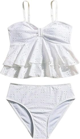 MakeMeChic Girl's Tankini Swimsuits SetsRuffle Tiered Spaghetti Strap Eyelet Embroidery Bathing Suit in Kuwait