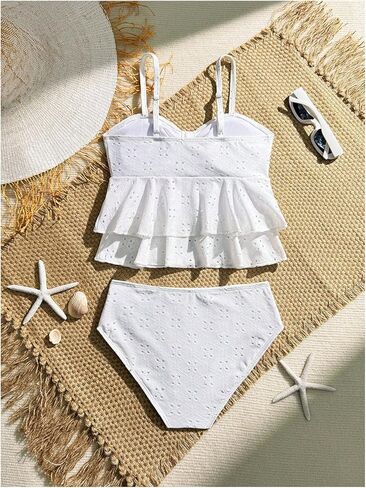 MakeMeChic Girl's Tankini Swimsuits SetsRuffle Tiered Spaghetti Strap Eyelet Embroidery Bathing Suit in Kuwait