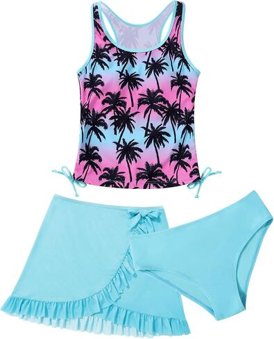 ESHOO Girls Bikini Swimsuit 3 Piece Tankini Suit Kids Cute Bathing Set with Cover Up Beach Skirt Swimear for 7-14 Years in Saudi Arabia