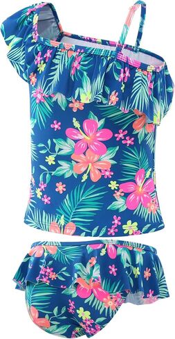 Girls Two Piece Swimsuits Hawaiian Ruffle Tankini Swimwear Bathing Suit Set in Kuwait