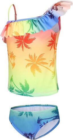 Girls Two Piece Swimsuits Hawaiian Ruffle Tankini Swimwear Bathing Suit Set in Kuwait