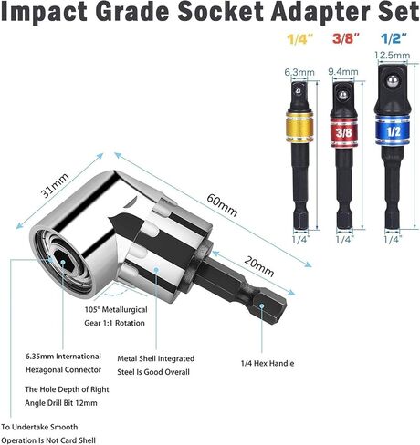 Rongon Impact Socket Adapter Tools, 1/4" 3/8" 1/2" 105 Degree Right Angle Drill Bit Adapter, Impact Grade Power Hand Tools, Socket Adapter Set for Drill in Saudi Arabia