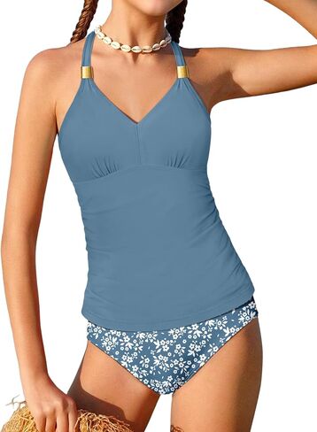 فتيات Necious Girls Swimsuit 2 قطعة بدلة السباحة Halterneck Ruched Tankini مجموعات ملابس المطبوعة الفتيات لمدة 9-16 سنة in Kuwait