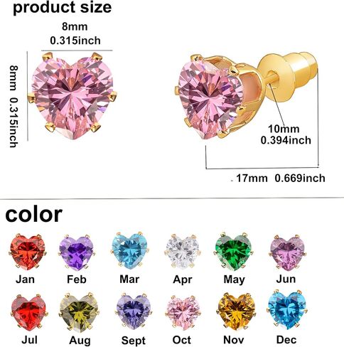 8mm Bigger Size 18K Gold Plated Heart Cubic Zirconia Studs Birthstone Stud Earrings for Women for 12 Months Hypoallergenic Nickel Free Earrings Christmas/Birthday Gift for Women for Everyday Wear in Kuwait