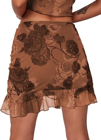 Women's Mesh Mini Skirt Tie High Waist Summer Floral Print Ruched Ruffle Short Skirts in Kuwait