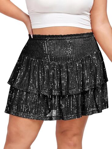 Women's Sequin Short Skirt High Waist Sparkly Ruffle Mini Skater Skirt Glitter Tiered Skirt Night Out Party in Saudi Arabia