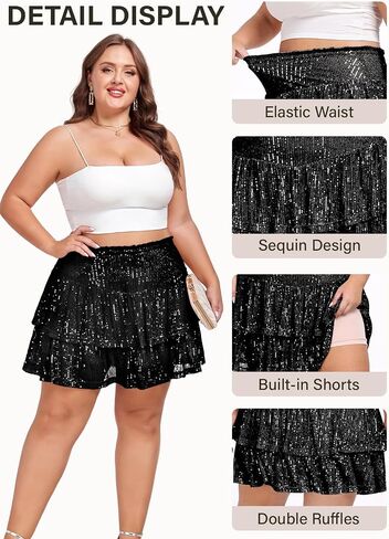 Women's Sequin Short Skirt High Waist Sparkly Ruffle Mini Skater Skirt Glitter Tiered Skirt Night Out Party in Saudi Arabia