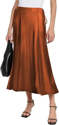 SEBOWEL Women Satin Maxi Long Skirt Silk Side Tie A Line Swing Midi Skirt Silky Flowy Ruffle Pleated Cocktail Party Skirts in Kuwait