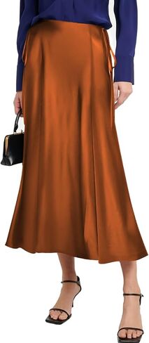 SEBOWEL Women Satin Maxi Long Skirt Silk Side Tie A Line Swing Midi Skirt Silky Flowy Ruffle Pleated Cocktail Party Skirts in Kuwait
