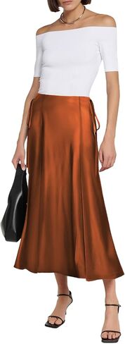 SEBOWEL Women Satin Maxi Long Skirt Silk Side Tie A Line Swing Midi Skirt Silky Flowy Ruffle Pleated Cocktail Party Skirts in Kuwait