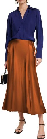 SEBOWEL Women Satin Maxi Long Skirt Silk Side Tie A Line Swing Midi Skirt Silky Flowy Ruffle Pleated Cocktail Party Skirts in Kuwait