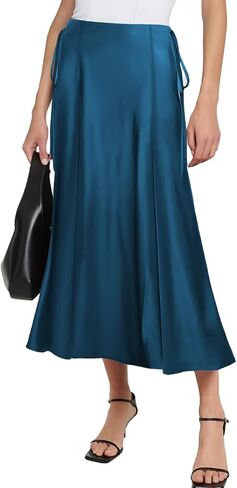 SEBOWEL Women Satin Maxi Long Skirt Silk Side Tie A Line Swing Midi Skirt Silky Flowy Ruffle Pleated Cocktail Party Skirts in Kuwait