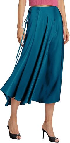 SEBOWEL Women Satin Maxi Long Skirt Silk Side Tie A Line Swing Midi Skirt Silky Flowy Ruffle Pleated Cocktail Party Skirts in Kuwait