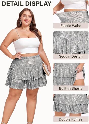 Women's Sequin Short Skirt High Waist Sparkly Ruffle Mini Skater Skirt Glitter Tiered Skirt Night Out Party in Saudi Arabia