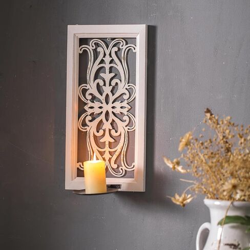 SOFE Framed Wall Candle Sconce 16 Inches, Shabby Chic White Wall Candle Holder for Pillar Candle, Openwork Design Rustic Candle Holder for Wall, Living Room, Bedroom Decor, 1 Piece in Saudi Arabia