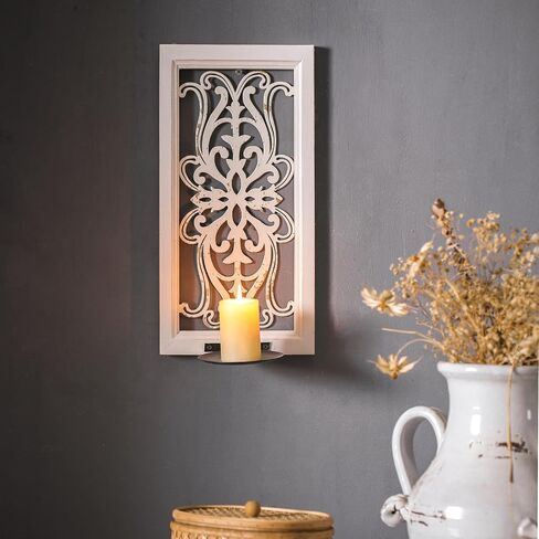 SOFE Framed Wall Candle Sconce 16 Inches, Shabby Chic White Wall Candle Holder for Pillar Candle, Openwork Design Rustic Candle Holder for Wall, Living Room, Bedroom Decor, 1 Piece in Saudi Arabia
