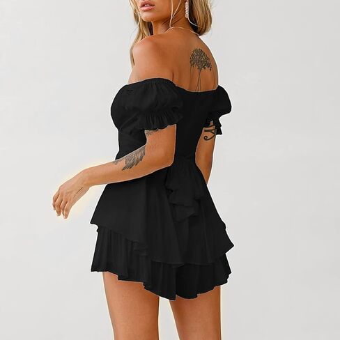 Rompers for Women Boho Off Shoulder Rompers Short Sleeve Ruffle Layer Back Tie Mini Short Jumpsuit in Kuwait