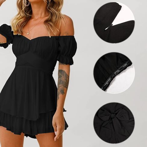 Rompers for Women Boho Off Shoulder Rompers Short Sleeve Ruffle Layer Back Tie Mini Short Jumpsuit in Kuwait