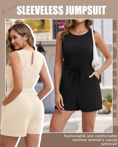 Ficerd 2 Pack Women's Short Rompers 2025 Summer Dressy Lounge Comfy Jumpsuit Casual Sleeveless Outfits with Pockets in Kuwait