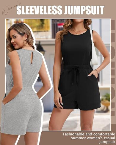Ficerd 2 Pack Women's Short Rompers 2025 Summer Dressy Lounge Comfy Jumpsuit Casual Sleeveless Outfits with Pockets in Kuwait