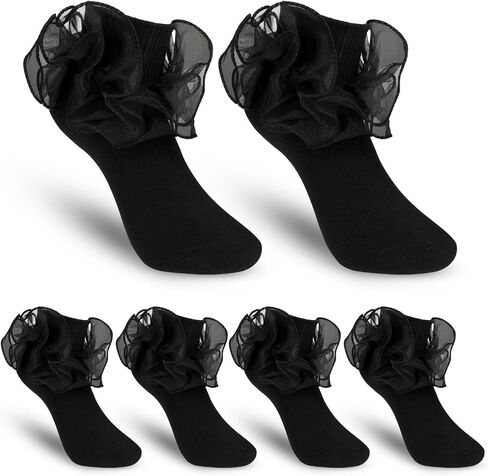 Mozeat Lens 3 Pairs Girls Ruffle Cute Socks Double Lace Frilly Dress Socks Princess Dress Cotton Socks for Toddler Little Girl 4-6, Black in Saudi Arabia