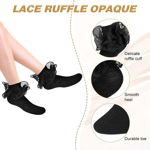 Mozeat Lens 3 Pairs Girls Ruffle Cute Socks Double Lace Frilly Dress Socks Princess Dress Cotton Socks for Toddler Little Girl 4-6, Black in Saudi Arabia