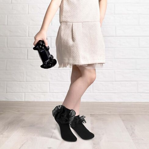 Mozeat Lens 3 Pairs Girls Ruffle Cute Socks Double Lace Frilly Dress Socks Princess Dress Cotton Socks for Toddler Little Girl 4-6, Black in Saudi Arabia