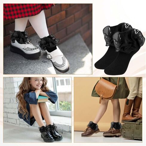 Mozeat Lens 3 Pairs Girls Ruffle Cute Socks Double Lace Frilly Dress Socks Princess Dress Cotton Socks for Toddler Little Girl 4-6, Black in Saudi Arabia