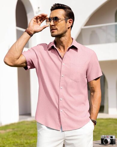 Alimens & Gentle Mens Linen Shirts Short Sleeve Button Down Shirts Wrinkle Free Casual Vacation Beach Summer Tops in Saudi Arabia