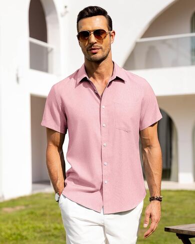 Alimens & Gentle Mens Linen Shirts Short Sleeve Button Down Shirts Wrinkle Free Casual Vacation Beach Summer Tops in Saudi Arabia