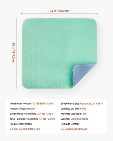 VEVOR Washable Underpads, 34 x 36-inch Reusable Bed Pads, Super Absorbent & Fast Drying Incontinence Bedwetting Pad for Bed Sofa and Mattress, Protective Pee Pads for Pet Adult Kid Elderly (6-Pack) in Saudi Arabia
