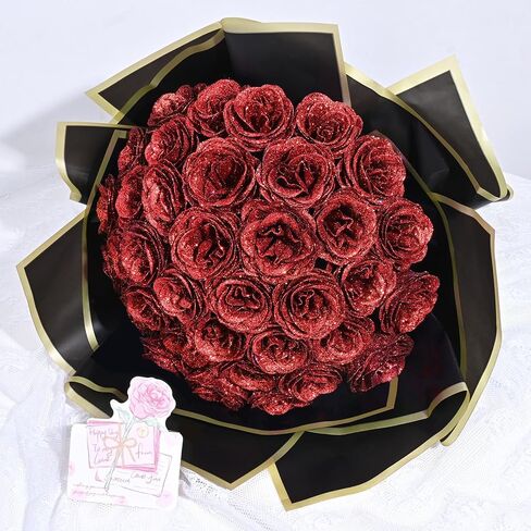 Waipfaru Glitter Roses Bouquet, DIY Fake Glitter Flowers Bouquet, Everlasting Shiny Artificial Red Rose Bouquet, Anniversary, Engagement, Wedding，24 Roses in Saudi Arabia