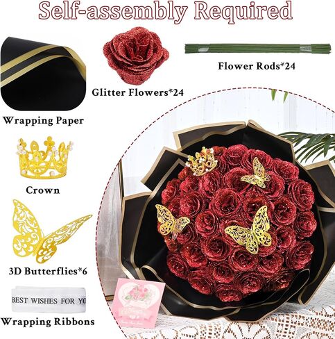 Waipfaru Glitter Roses Bouquet, DIY Fake Glitter Flowers Bouquet, Everlasting Shiny Artificial Red Rose Bouquet, Anniversary, Engagement, Wedding，24 Roses in Saudi Arabia