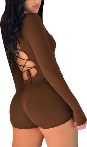 شورتات Wdirara للسيدات البضائع طويلة الأكمام عاريات bodycon phemsuit مربع الرقبة crisscross ربطة عنق الرومبير ملابس واحدة in Kuwait