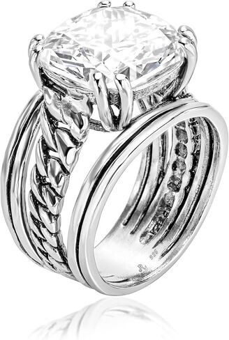 JEAN RACHEL JEWELRY 925 Sterling Silver Ring - Curb Chain Vintage Design with Cushion Shaped Cubic Zirconia - Hypoallergenic, Lead & Nickel Free - Artisan Handcrafted Statement Rings for Women in Saudi Arabia